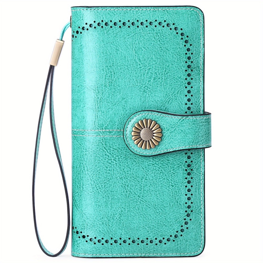 Wallets for Women RFID Blocking, Long Genuine Leather Wallet with 24 Card Slots & Phone Pocket, Large Capacity Zipper Wristlet, Gift Box for Daily Use, Sunflower Print