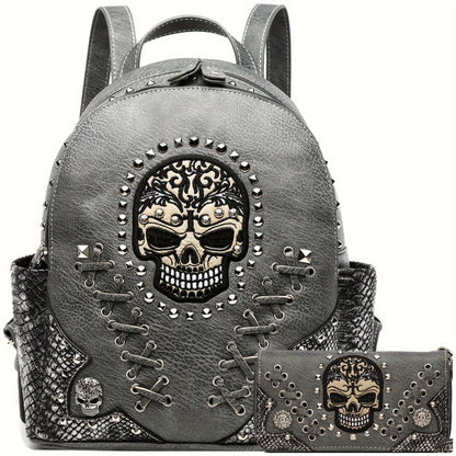 Sugar Skull Punk Art Studded Motorcycle Wallet Women's Fashion Backpack Python Backpack Crossbody Bag Wallet Set, Black Set, Ideal Christmas Gift