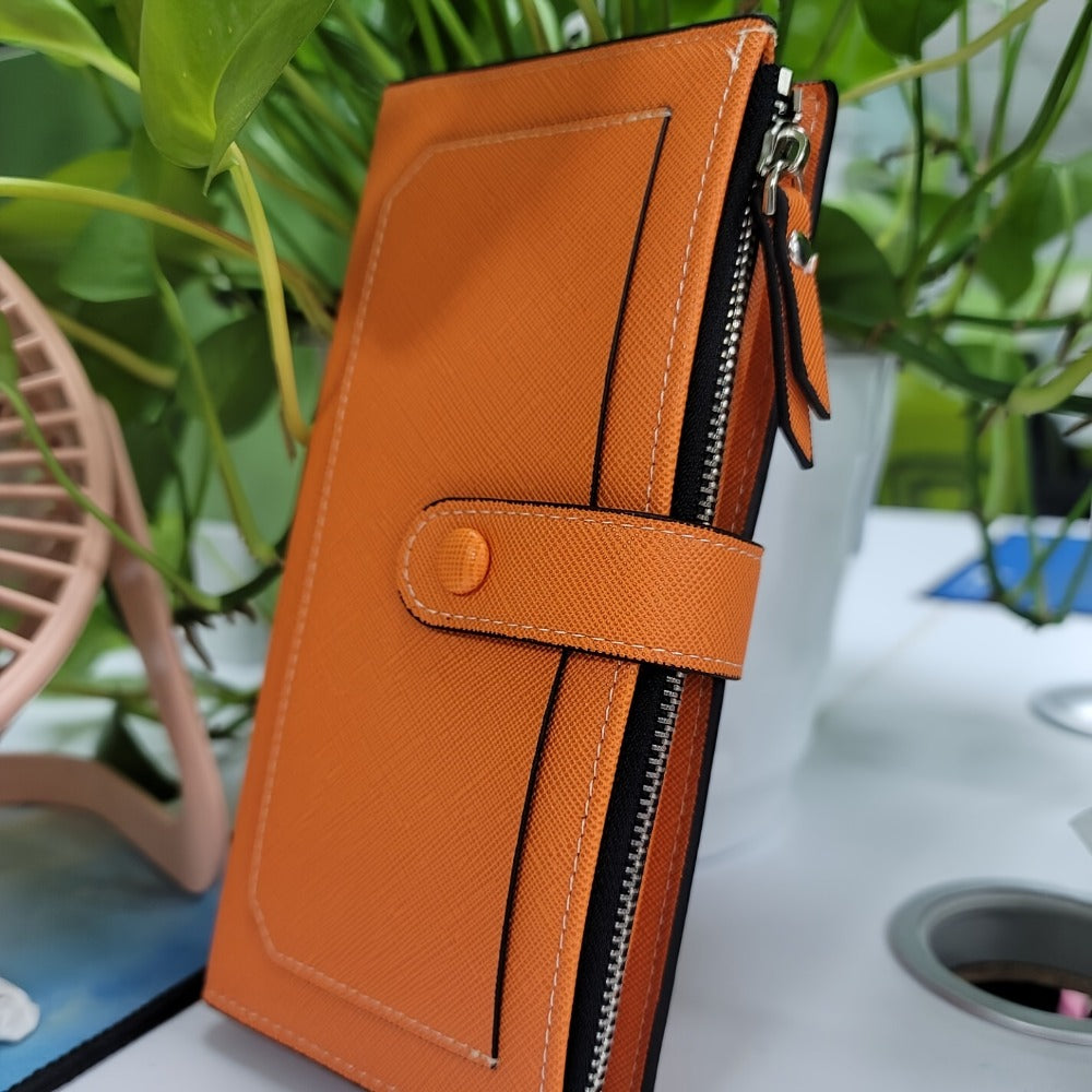 Women's Long Clutch Wallet, Retro Style Long Coin Purse, Foldable PU Leather Credit Card Holder With Zipper And Snap Closure