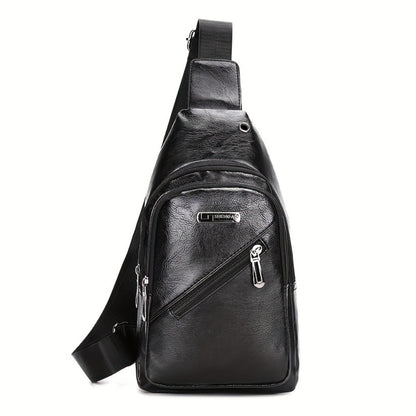 Men's PU Leather Crossbody Bag With Earphone Hole, Large Capacity Chest Bag, Multifunction Diagonal Shoulder Bag