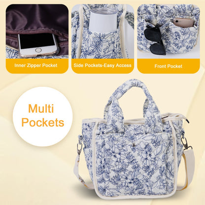 Floral Quilted Tote Bag for Women, Cute Crossbody Shoulder Purse with Pockets, Everyday Handbags