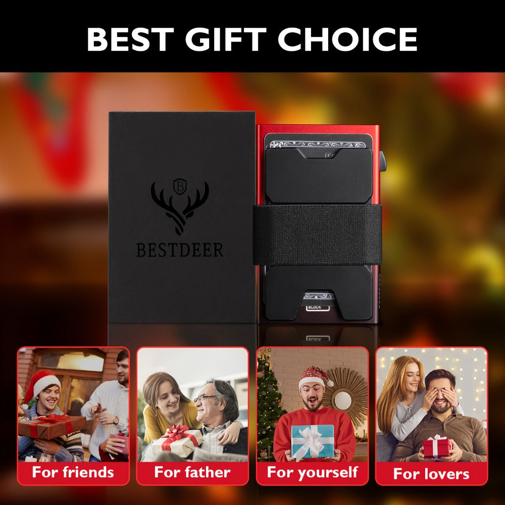 [RFID Blocking Wallet] Men's Ultra-Thin Card Holder Wallet, Durable Expandable Backplate, RFID Blocking Minimalist Pop Up Wallet Holds 12 Plus Cards And Cash, Black Red Gradient