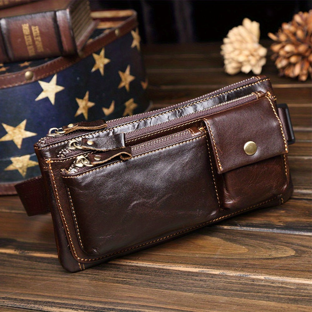 Stylish Retro Authentic Leather Hip Bag, Slim Phone Pouch, Vintage Crossbody Purse