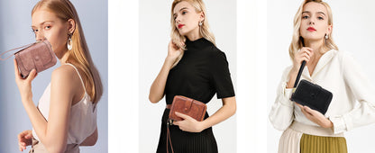Ladies' Practical Card Bag, Credit Card Clip Wallet, RFID Shielded Large Capacity Double Fold Zipper Card Cover, With Detachable Wristband. This Card Bag Can Be Used As A Gift Or For Daily Use
