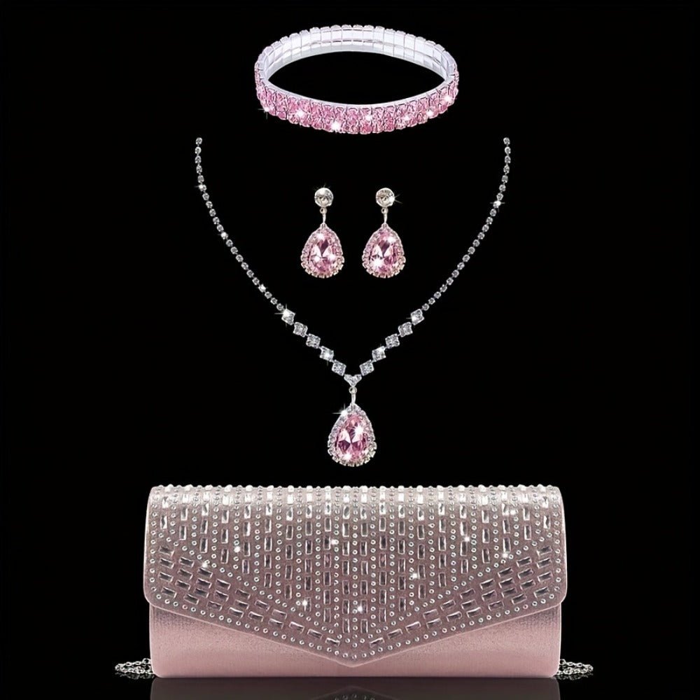 Glittering Luxury Rhinestone Embellished Women'S Evening Clutch Bag with Rhinestone Bracelet, Necklace, Earrings Set, Stylish And Elegant Shoulder Bag And Chain Crossbody Bag for Party, Ladies, Brides, Prom, Dinner/Banquet