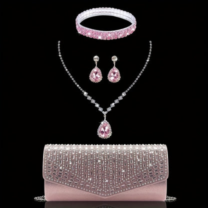 Glittering Luxury Rhinestone Embellished Women'S Evening Clutch Bag with Rhinestone Bracelet, Necklace, Earrings Set, Stylish And Elegant Shoulder Bag And Chain Crossbody Bag for Party, Ladies, Brides, Prom, Dinner/Banquet