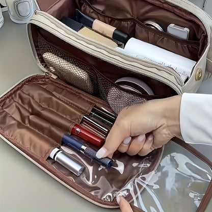 [Large Cosmetic Bag] Card Holder + Makeup Bag Women's Large Capacity High Quality Cosmetic Bag - Tri-Fold Travel Makeup Multiple Zippered Pockets & Wrist Strap for Brushes, Toiletries, Storage, Toiletry Bag | Large Cosmetic Bag