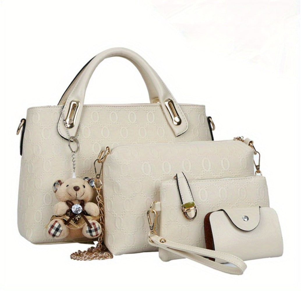 Women's Tote bag set, 4pcs bear pendant bag, large capacity tote purse crossbody bag