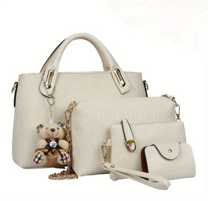 Women's Tote bag set, 4pcs bear pendant bag, large capacity tote purse crossbody bag