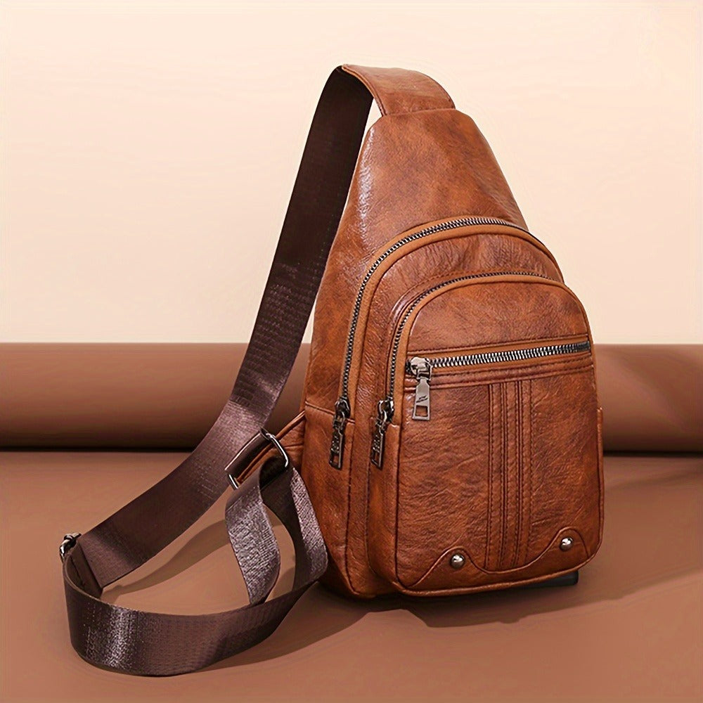 Men'S Chest Bag Sling Backpack Faux Leather Retro Crossbody Bag Shoulder Bag Unisex Soft Faux Leather