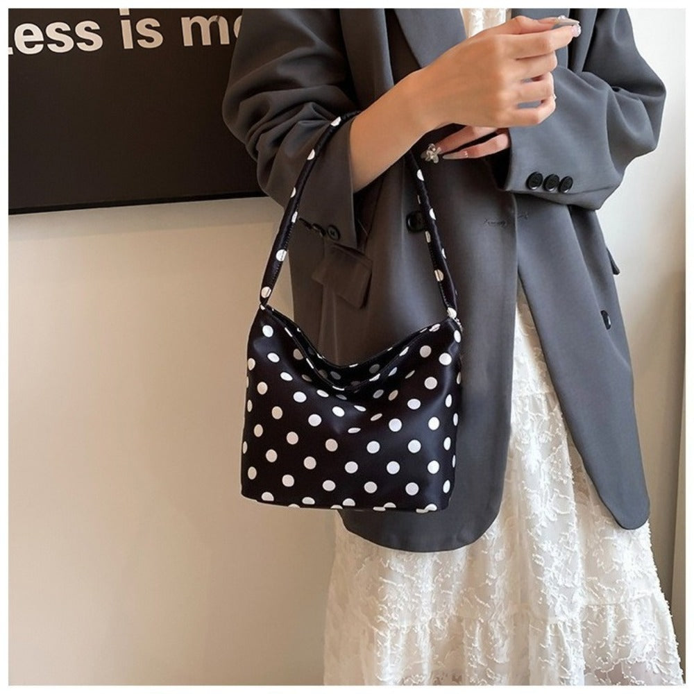 Chic Snap Closure Shoulder Handbag - Versatile Polka Dot Purse for Women, Dress Up Or Down for Casual/ Formal Outfits, Trendy Nylon Handbag