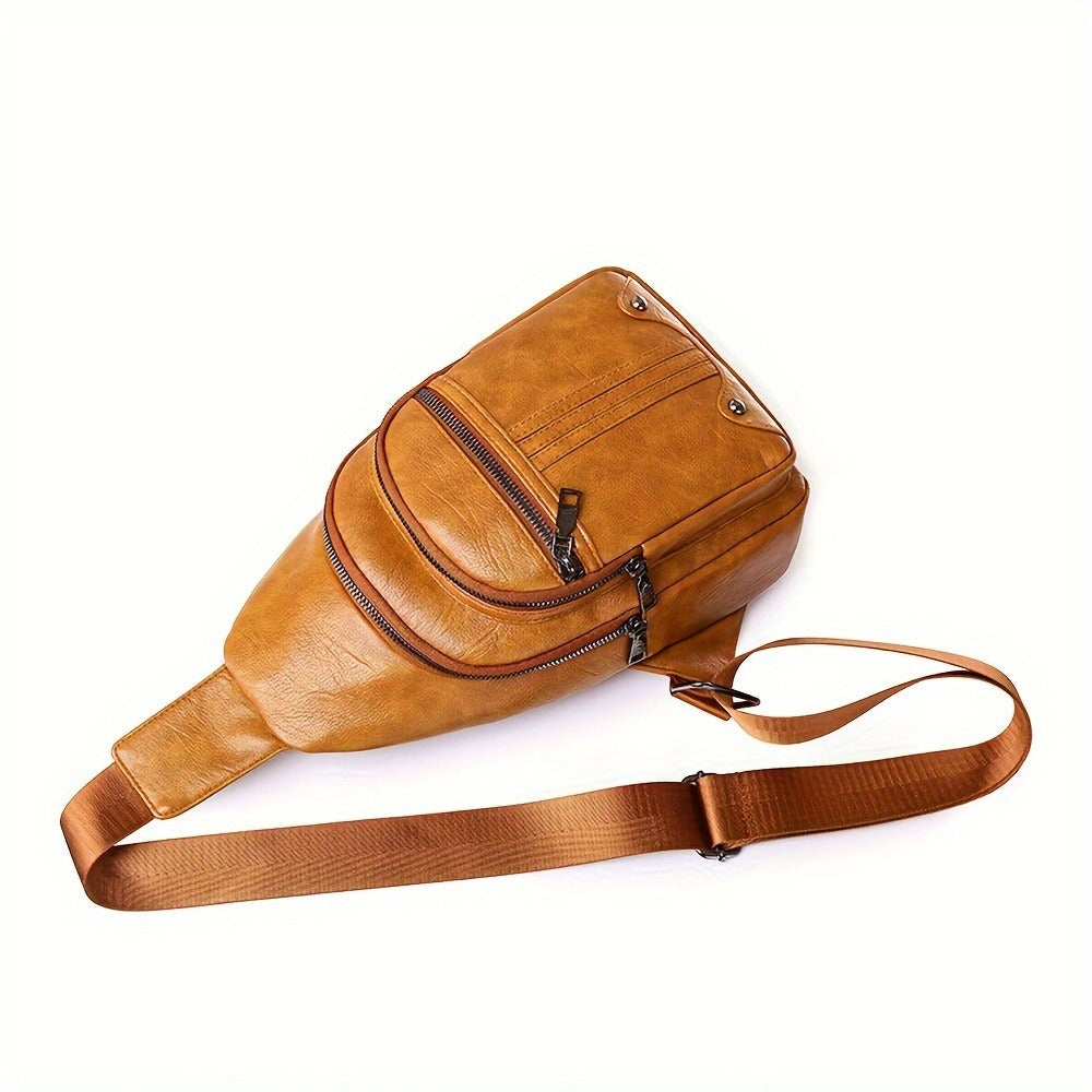 Men'S Chest Bag Sling Backpack Faux Leather Retro Crossbody Bag Shoulder Bag Unisex Soft Faux Leather