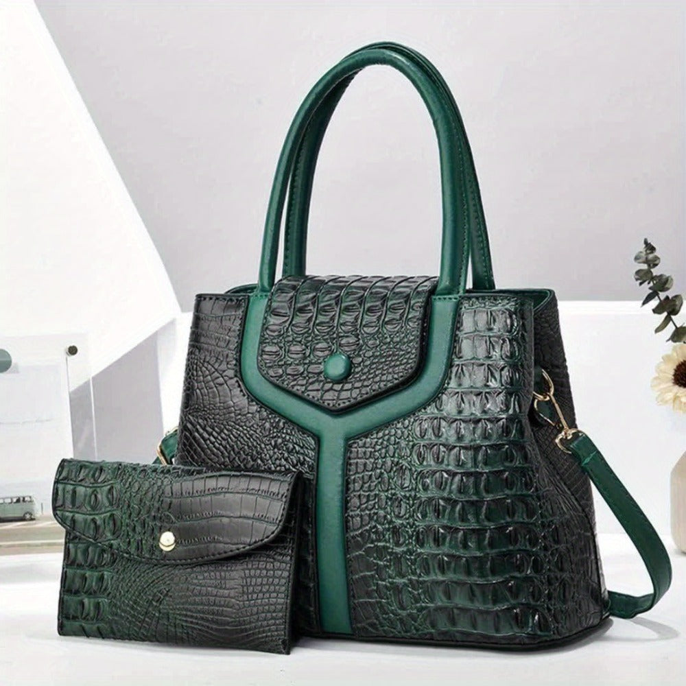 Stylish Women's Bag, Crocodile Pattern Two-piece Set Mother And Son Bag, Tote Bag, Simple And Versatile Large Capacity Handbag, Shoulder Bag, Crossbody Bag, Large Bag with Wallet