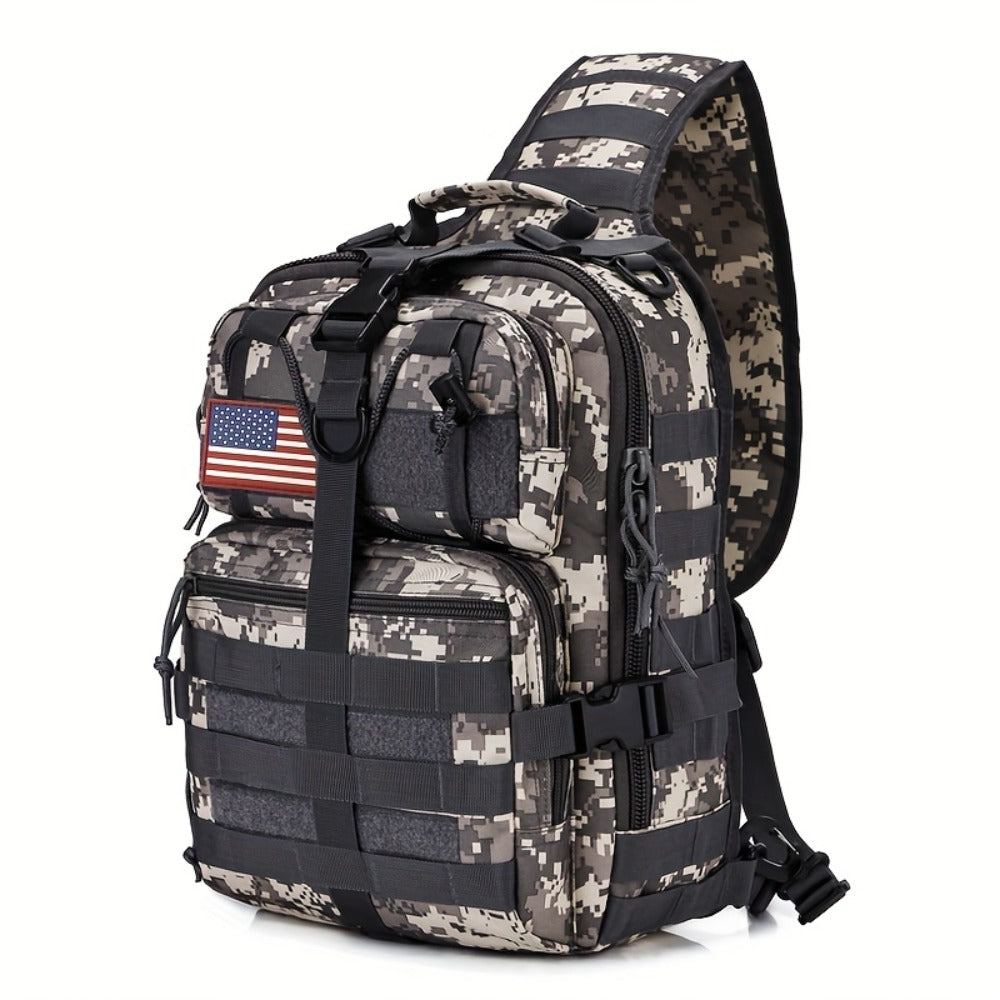 1pc 6.6gal Tactical Sling Backpack, Single Shoulder Crossbody Bag for Hiking Camping, Adjustable Strap Buckle & Smooth Zipper, Front D - ring Suspension, Outdoor EDC Pack with Flag Patch, Everyday Carry Gear for Men Women