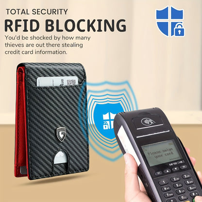 A Sleek And Minimalist Men's Wallet With RFID Blocking, Featuring A Carbon Fiber Exterior And A Double Folding Design For Credit Cards.