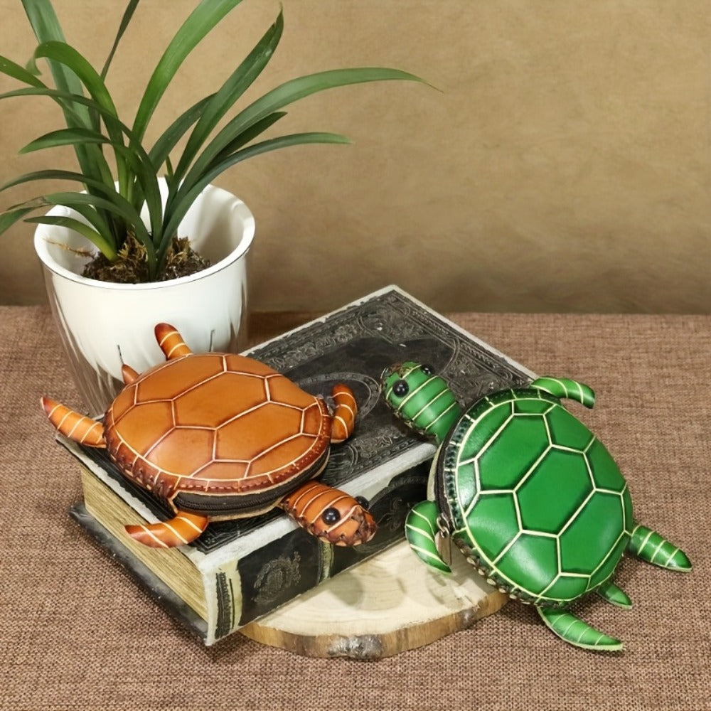 Handcrafted Retro Turtle Coin Purse - Full-Grain Cowhide Genuine Leather, Removable Genuine Leather Wristlet, Zipper Closure, Multi-Compartment for Coins/Cards/Keys, Thoughtful Gift for Women Students Friends Family