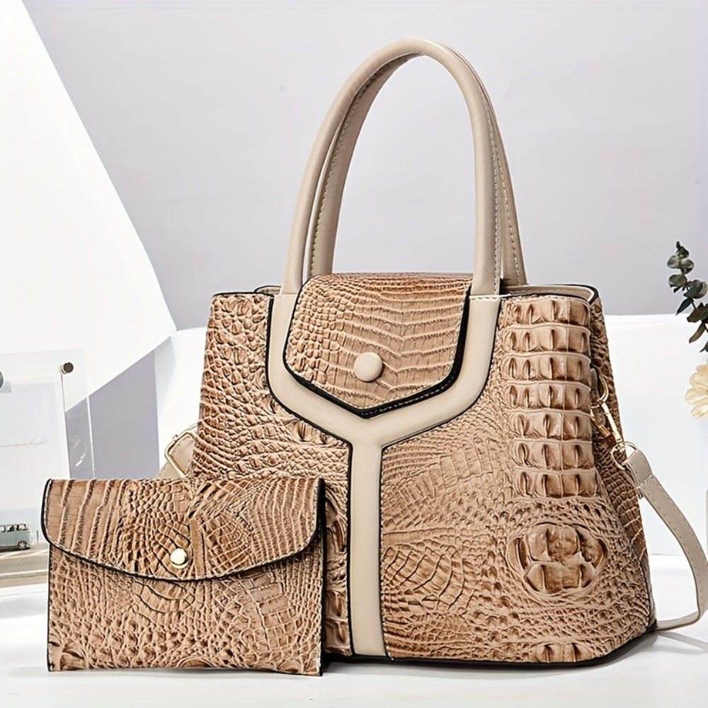 Stylish Women's Bag, Crocodile Pattern Two-piece Set Mother And Son Bag, Tote Bag, Simple And Versatile Large Capacity Handbag, Shoulder Bag, Crossbody Bag, Large Bag with Wallet