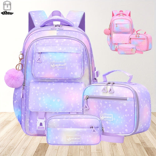 3pcs Girls' Large Capacity School Backpack with Lunch Box Holder & Pencil Case Suitable for Back to School, 15.6” Laptop Compartment, Adjustable Straps, Multi-Pocket Bookbag for Travel, Lunch Storage, Pencil for School Daily Use