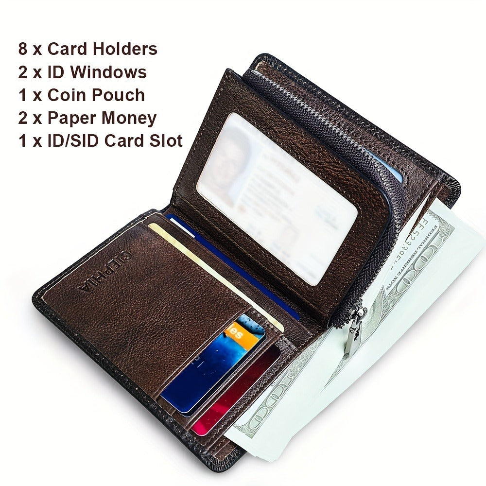 RFID Blocking Bifold Genuine Leather Wallets for Men with Zipper Coin Pouch, Top Layer Cowhide Vintage Multi Function Card Holder Wallet with 2 ID Windows