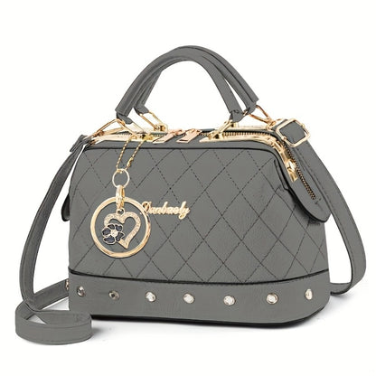 Black Quilted Boston Bag with Golden Hardware And Adjustable Shoulder Strap - Elegant Heart-shaped Rhinestone Ornament, Pattern Design And Stylish Rivet Details