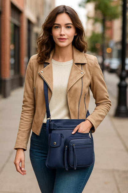 Super Soft Genuine Leather Crossbody Bag with Top Belt Accent – Classic Bronze Hardware