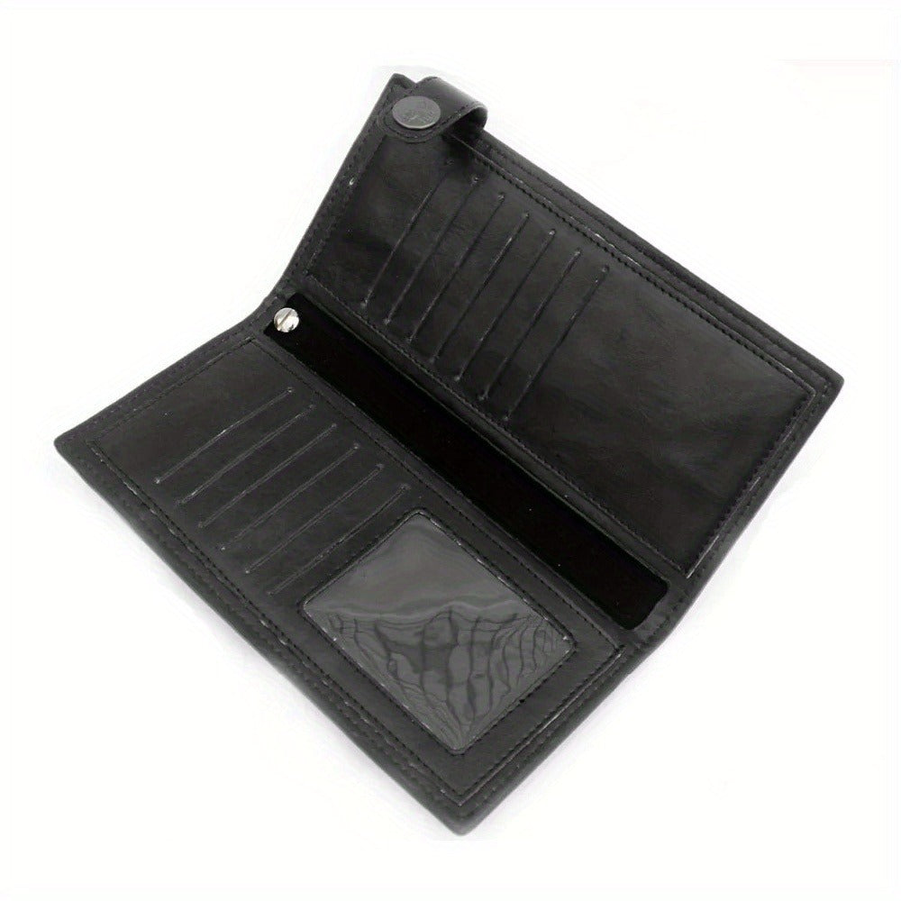 Mens Gothic Skull Cross Leather Biker Punk Wallet with a Metal Long Chain Black