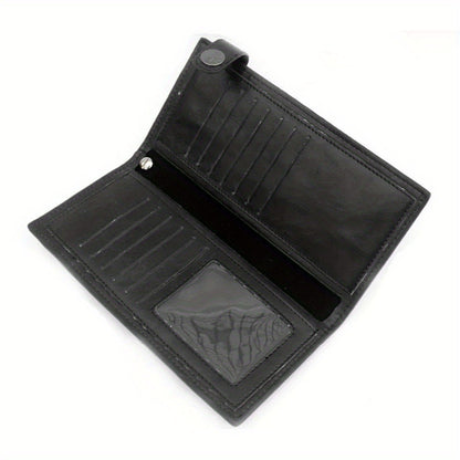 Mens Gothic Skull Cross Leather Biker Punk Wallet with a Metal Long Chain Black