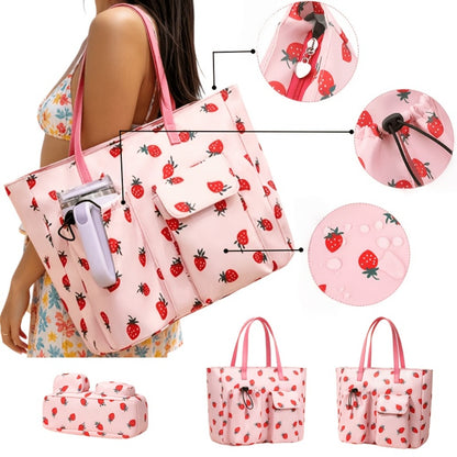 Nylon Fashionable Multi Pocket Water Cup Bag, Gym Bag, Tropical Ethnic Style Cute Strawberry Printed Large Capacity Women'S Tote Shoulder Bag Commuter Bag, Dry Wet Separation Lightweight Handbag, Suitable For Travel, School, Shopping, Dating, Beach