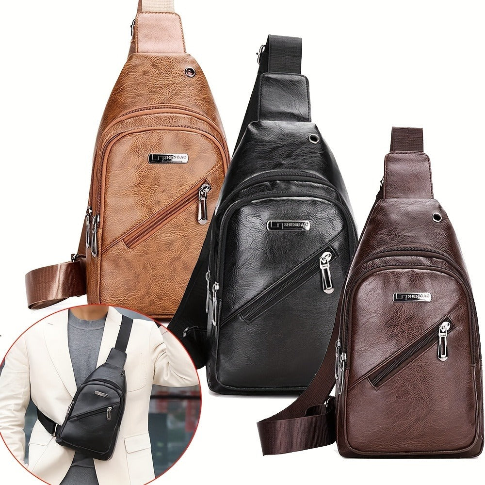 Men's PU Leather Crossbody Bag With Earphone Hole, Large Capacity Chest Bag, Multifunction Diagonal Shoulder Bag