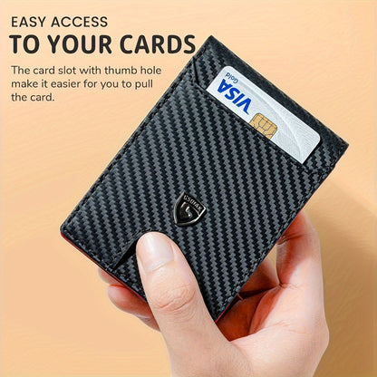 A Sleek And Minimalist Men's Wallet With RFID Blocking, Featuring A Carbon Fiber Exterior And A Double Folding Design For Credit Cards.