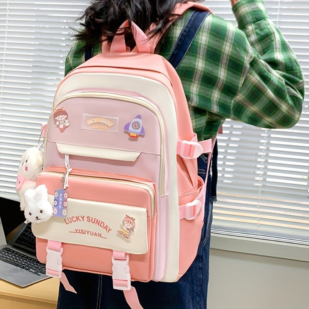 5pcs Solid Color Backpack, Women's Travel Bag, Large Capacity Backpack, Simple Tote Bag, Pencil Case, Casual Crossbody Bag, Lightweight Student Shoulder Bag