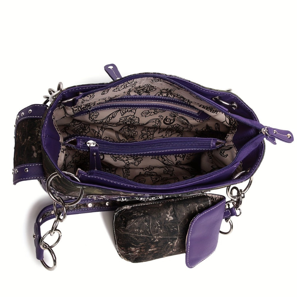 Camouflage Cross Wing Western Studded Handbag Workwear Synthetic Leather Wallet Rustic Women's Shoulder Bag Purse Set