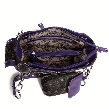 Camouflage Cross Wing Western Studded Handbag Workwear Synthetic Leather Wallet Rustic Women's Shoulder Bag Purse Set