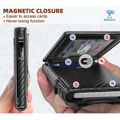 RFID-Blocking Men’s Bifold Pop-Up Wallet – Premium Carbon Fiber Slim Design with Magnetic Lock, Money Clip, and Transparent ID Window, Featuring Quick Card Access, Multi-Functional Storage, and Modern Minimalist Style, Perfect Everyday Wallet and Great Gi