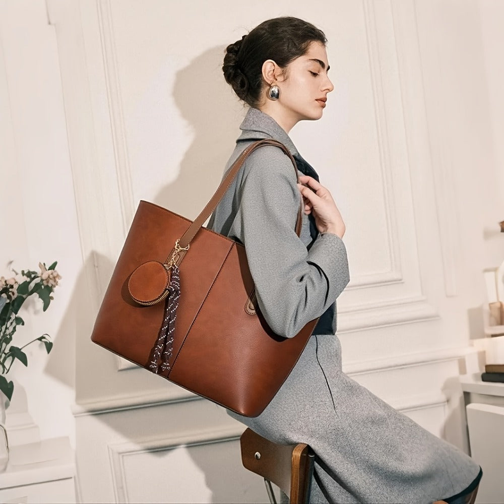 Large Capacity Brown Tote Bag for Women - Durable Shoulder and Crossbody Strap, Zipper Closure, Polyester Lining, Ideal for Travel, Commute, and Everyday Use, Travel Tote Bag|Casual Style Tote|Zippered Closure, Large Tote Bag