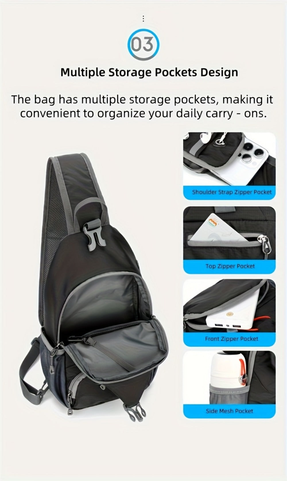 Sling Bag – Nylon, Large Capacity, Adjustable Strap, Multi Pocket | Bag Vero – detail view 27