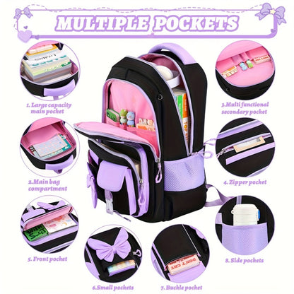 1pc Butterfly Knot Teenager'S Casual Backpack, Outdoor Camping Travel Bag, 15. 6-Inch Laptop Bag, College Purple Campus Backpack with Adjustable Shoulder Straps And Smooth Zipper, Suitable for Daily Travel And Campus, for Teenager, For Teenager