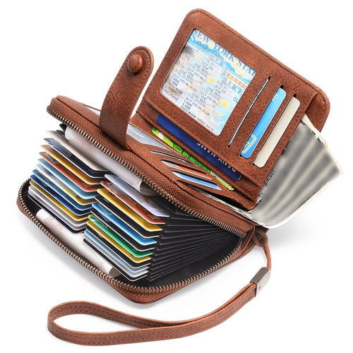 Ladies' Practical Card Bag, Credit Card Clip Wallet, RFID Shielded Large Capacity Double Fold Zipper Card Cover, With Detachable Wristband. This Card Bag Can Be Used As A Gift Or For Daily Use