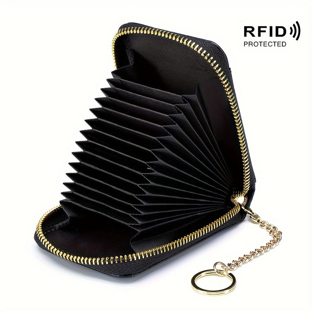 RFID Blocking Credit Card Holder Wallet With Keychain & ID Window Small Leather Zipper Card Case For Women (Vertical 12 Slots)