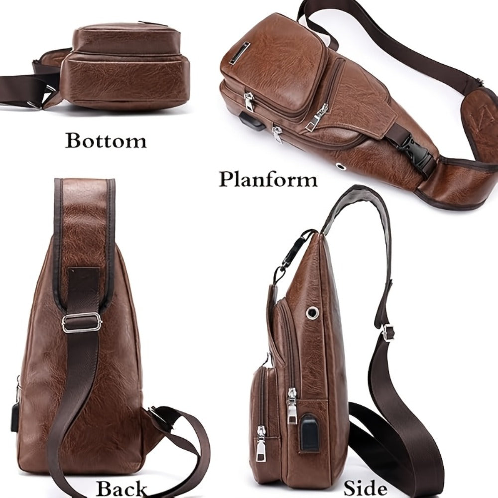 Faux Leather Sling Chest Bag, Lightweight Crossbody Bags for Men Women, Mini Sash Bag with USB Charging Port, One Strap Backpack for Travel Outdoor Camping (Light Brown/Black)