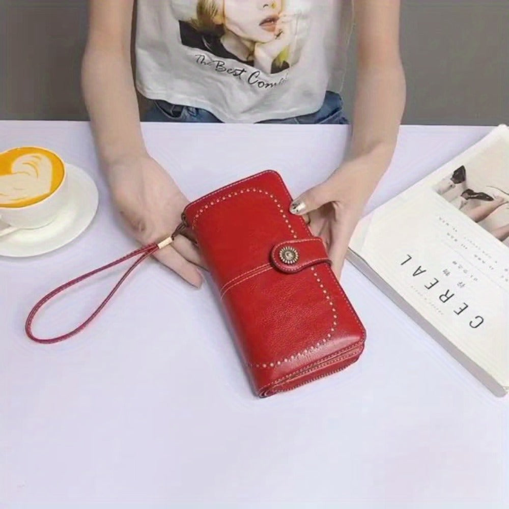 1pc RFID Blocking Long Wallet with 10 Practical Card Sleeves- Stylish Synthetic Leather Zipper Purse with Wrist Strap, Multi-Functional Card Holder for Women