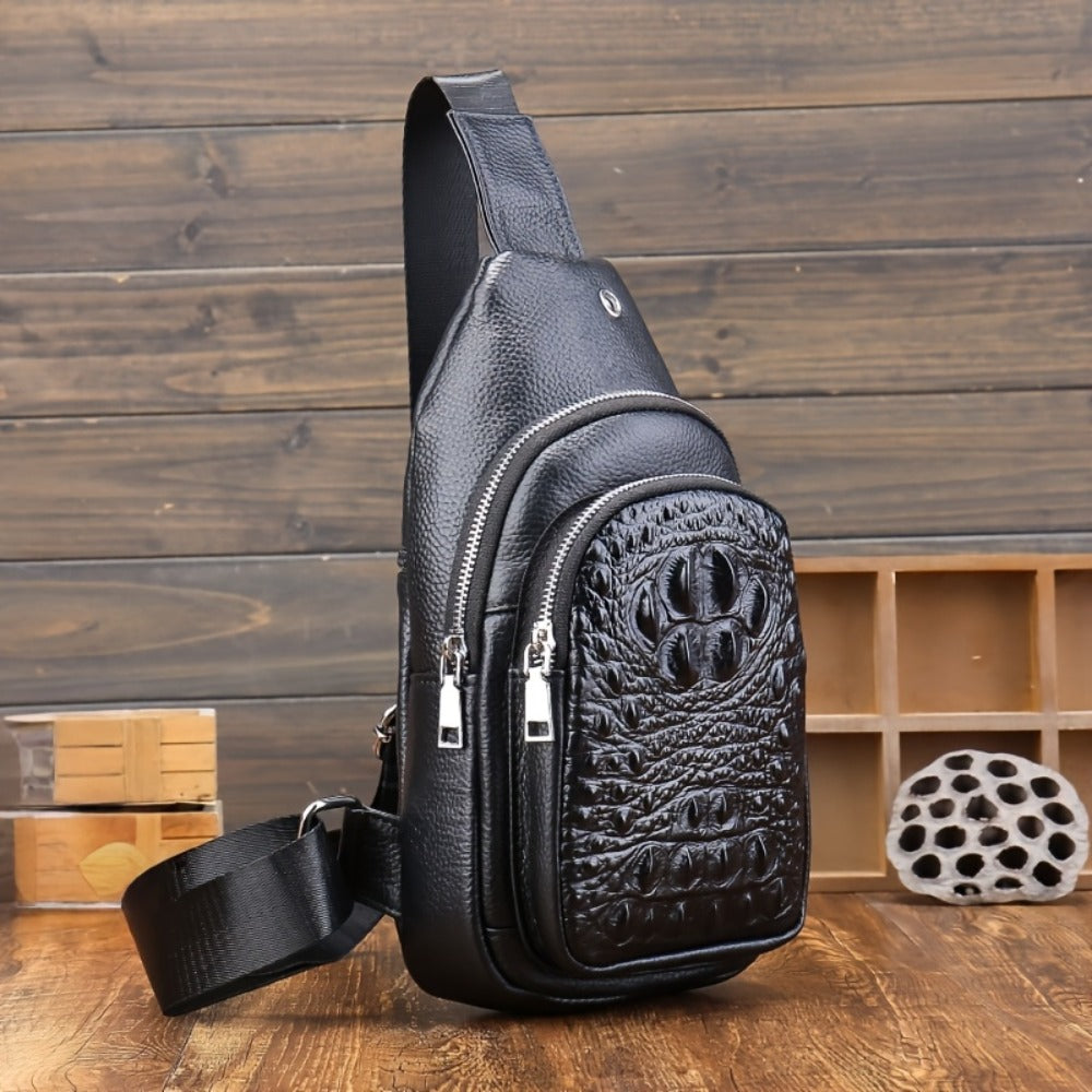 1pc Crocodile Pattern Sling Bag - Unisex Versatile Travel Backpack - Men'S Chest Bag With Headphone Jack Hole - Multiple Compartments Adjustable Brown Chest Bag - Shoulder Bags Gifts For Travel, Sports & Camping, Stylish Zipper Closure