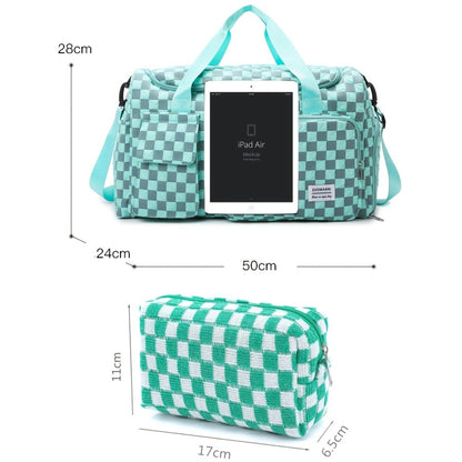 2pcs Checkered Travel Duffel Bag with Makeup Bag for Women Fordable Gym Bag Carry On Weekender Bag with Shoe Compartment