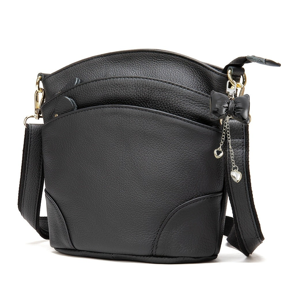 Premium Genuine Cowhide Leather Crossbody Bag - Luxurious, Versatile, And Spacious With Ample Storage - Handbag Purse Cross Body Bow Pendant Organizer Smart Phone Pockets