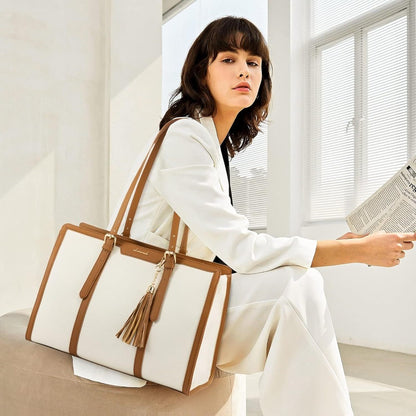 [Canvas Leather Laptop Tote] LOVEVOOK 15.6 inch Canvas Leather Laptop Tote Bag for Women - Computer bag with Clutch Purse for Business, Travel, Casual
