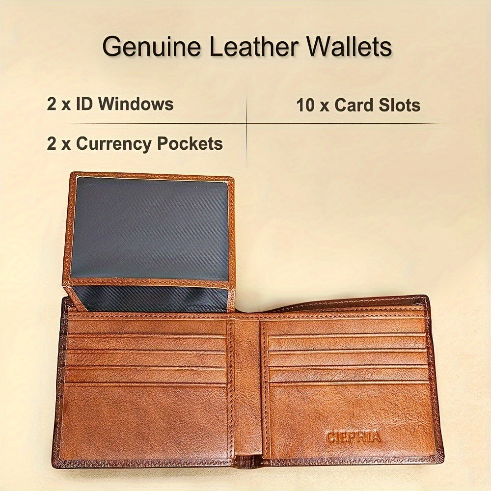 Men's Genuine Leather Anti Theft Brush Wallet Retro Bifold Short Multifunction ID Credit Card Holder With 2 ID Wallets