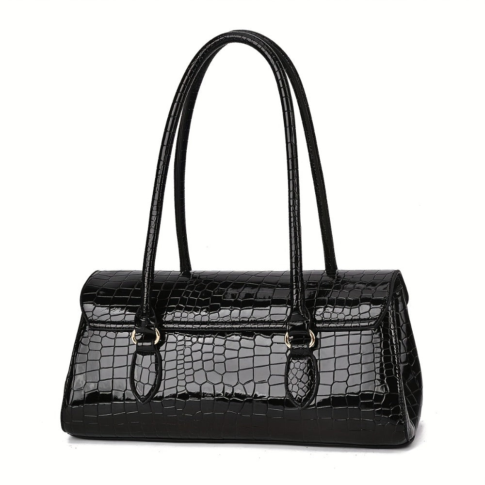 Women's Handbag, Shoulder Bag, and Tote Bag with High-Gloss Crocodile-Embossed Textured Pattern, Randomly Cut, Shoulder Bag, Crossbody Bag, Tote Bag with Metal Round Lock Clasp