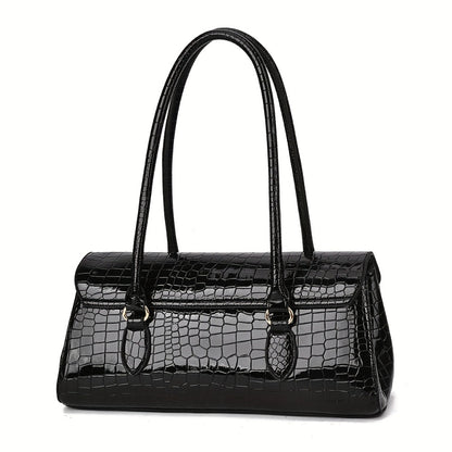 Women's Handbag, Shoulder Bag, and Tote Bag with High-Gloss Crocodile-Embossed Textured Pattern, Randomly Cut, Shoulder Bag, Crossbody Bag, Tote Bag with Metal Round Lock Clasp