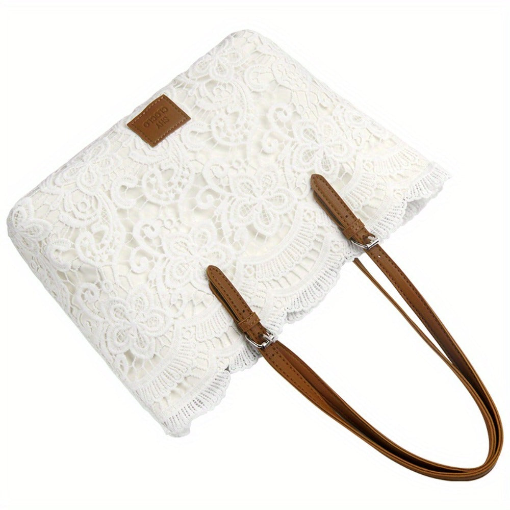 Women's Handbag Purse Shoulder Bag Tote- Elegant Lace Design, Foldable& Lightweight, Adjustable Strap(16"), Kiss Lock Closure, Polyester Lining, Wristlet Strap- for Work, Travel, Shopping, Gift for Mom, Wife, Women, Thanksgiving Chrismas Birthday