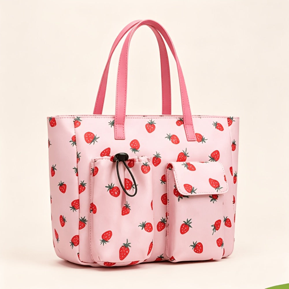 Nylon Fashionable Multi Pocket Water Cup Bag, Gym Bag, Tropical Ethnic Style Cute Strawberry Printed Large Capacity Women'S Tote Shoulder Bag Commuter Bag, Dry Wet Separation Lightweight Handbag, Suitable For Travel, School, Shopping, Dating, Beach